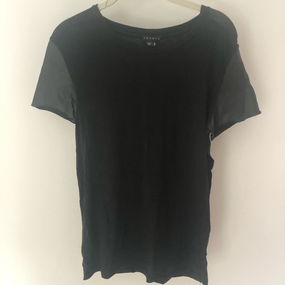 Theory Black T-Shirt with leather sleeves
